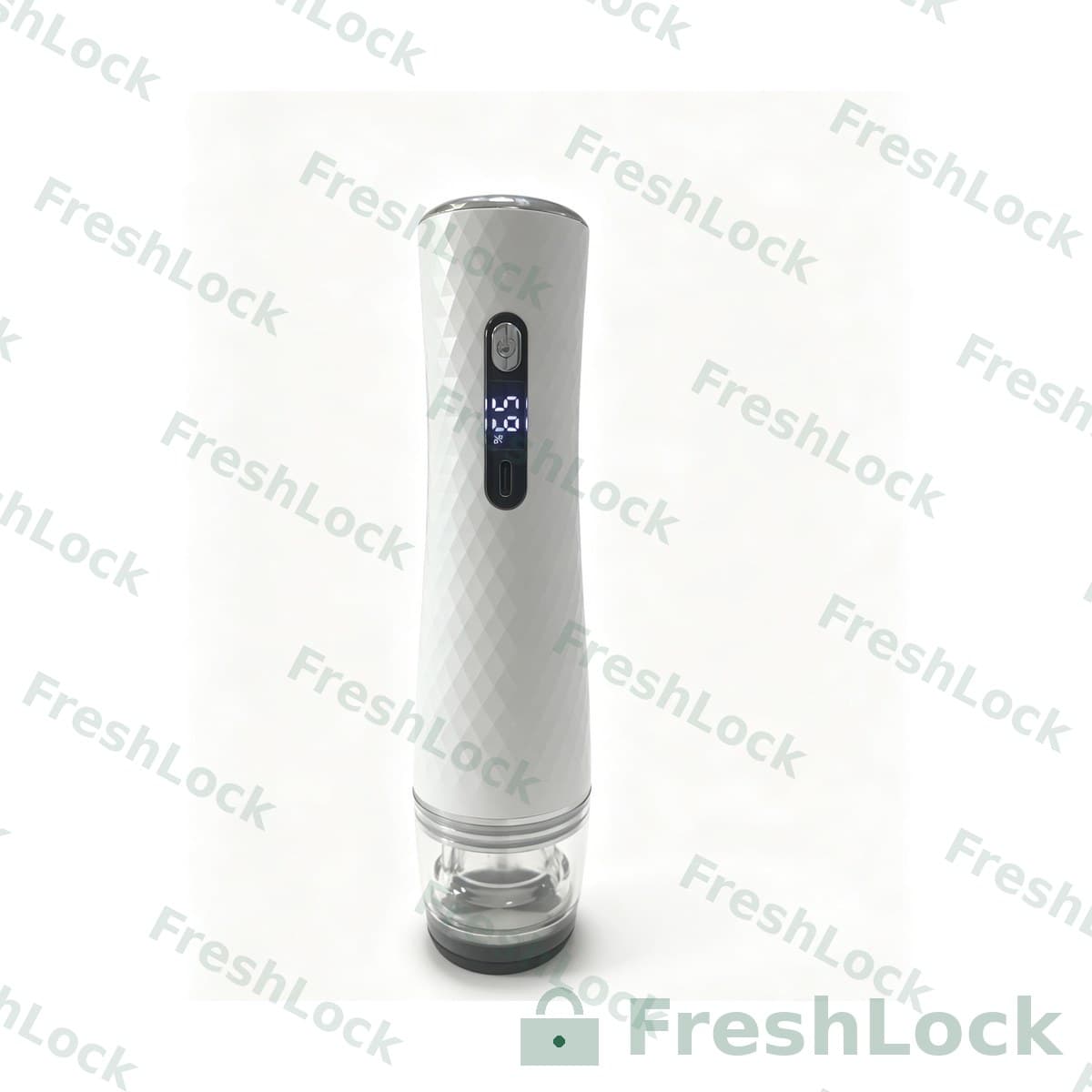 FreshLock Pro เครื่องซีลสูญญากาศแบบพกพา สีขาว พร้อมถาดรองน้ำถอดได้ และถุงสุญญากาศสีเขียว